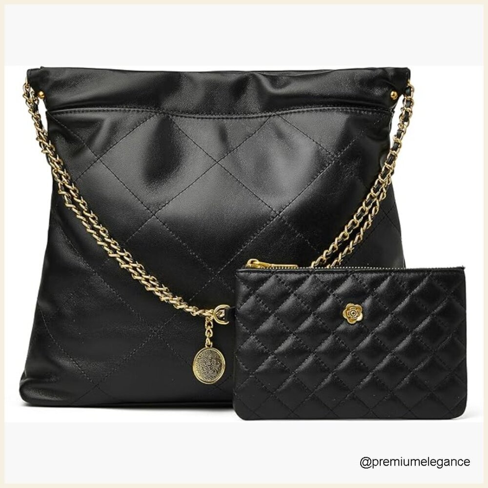 Large Lambskin Leather Tote Bag with Chain Strap and Matching Clutch
